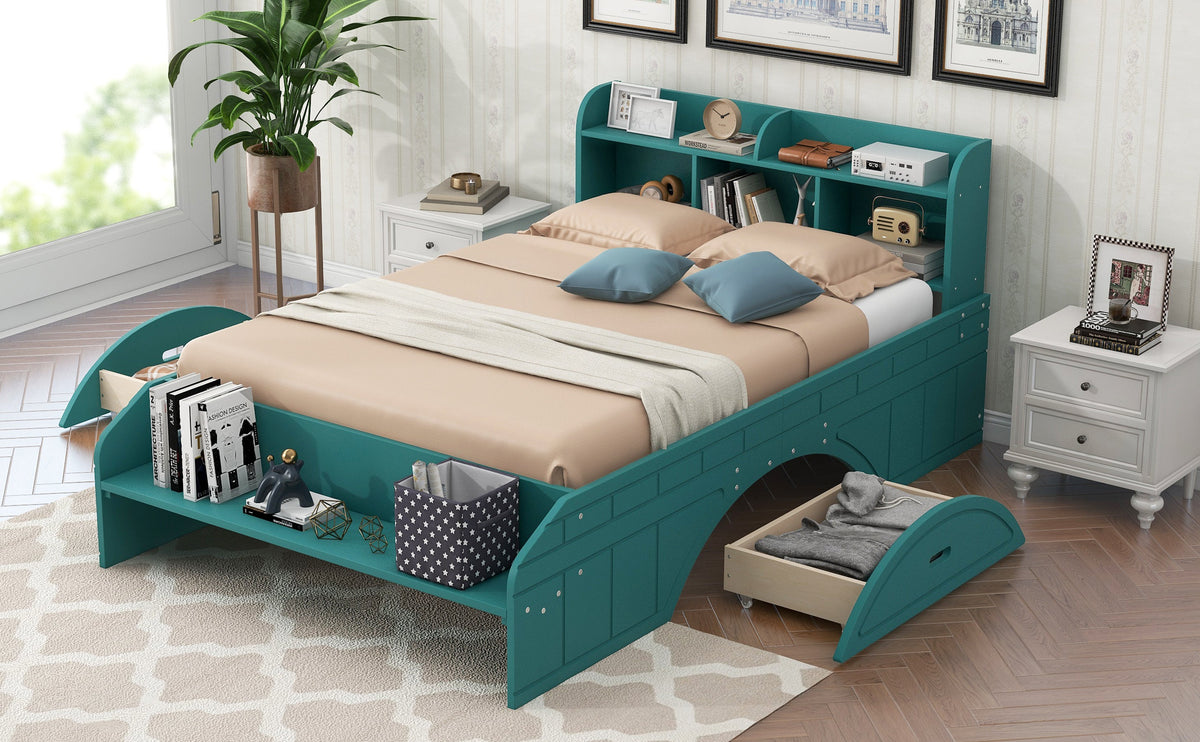 Full Size Platform Bed with Drawers & Bookshelf Headboard