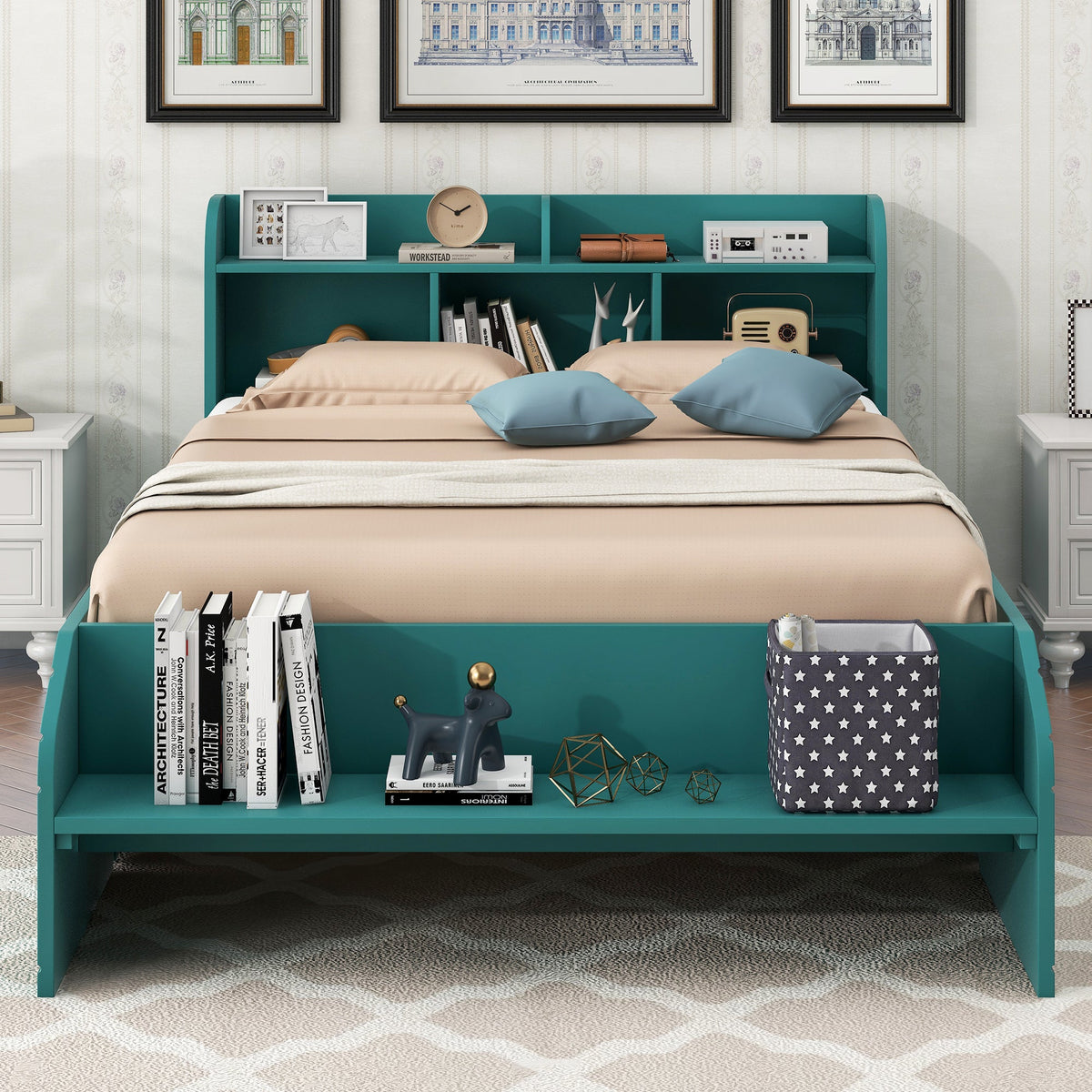 Full Size Platform Bed with Drawers & Bookshelf Headboard