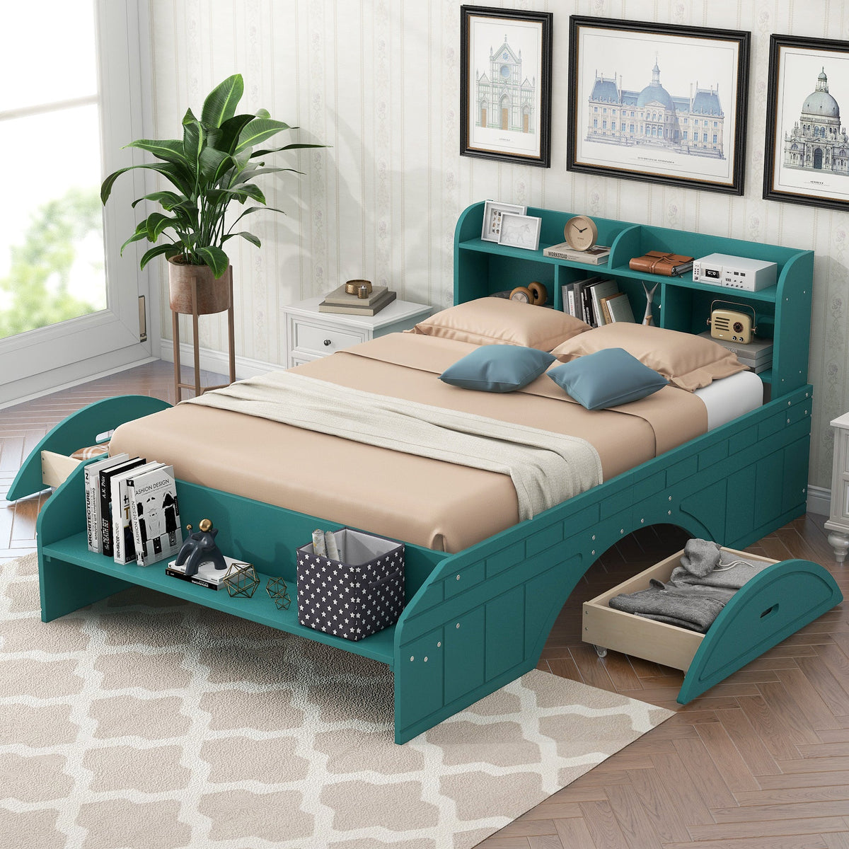 Full Size Platform Bed with Drawers & Bookshelf Headboard