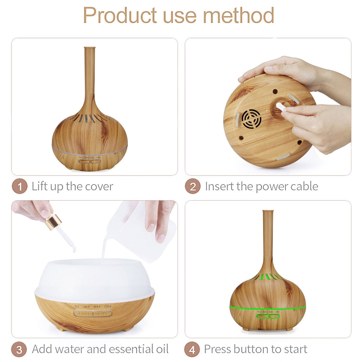 Wood Grain Aroma Diffuser Humidifier with LED Light