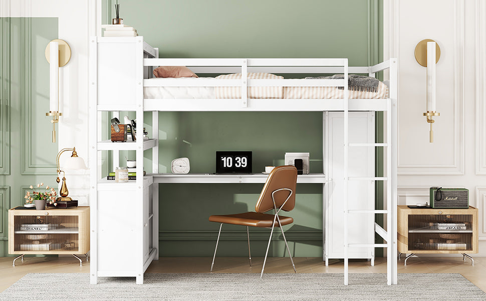 Full Size Kids Loft Bed with Desk, Wardrobe & Shelves