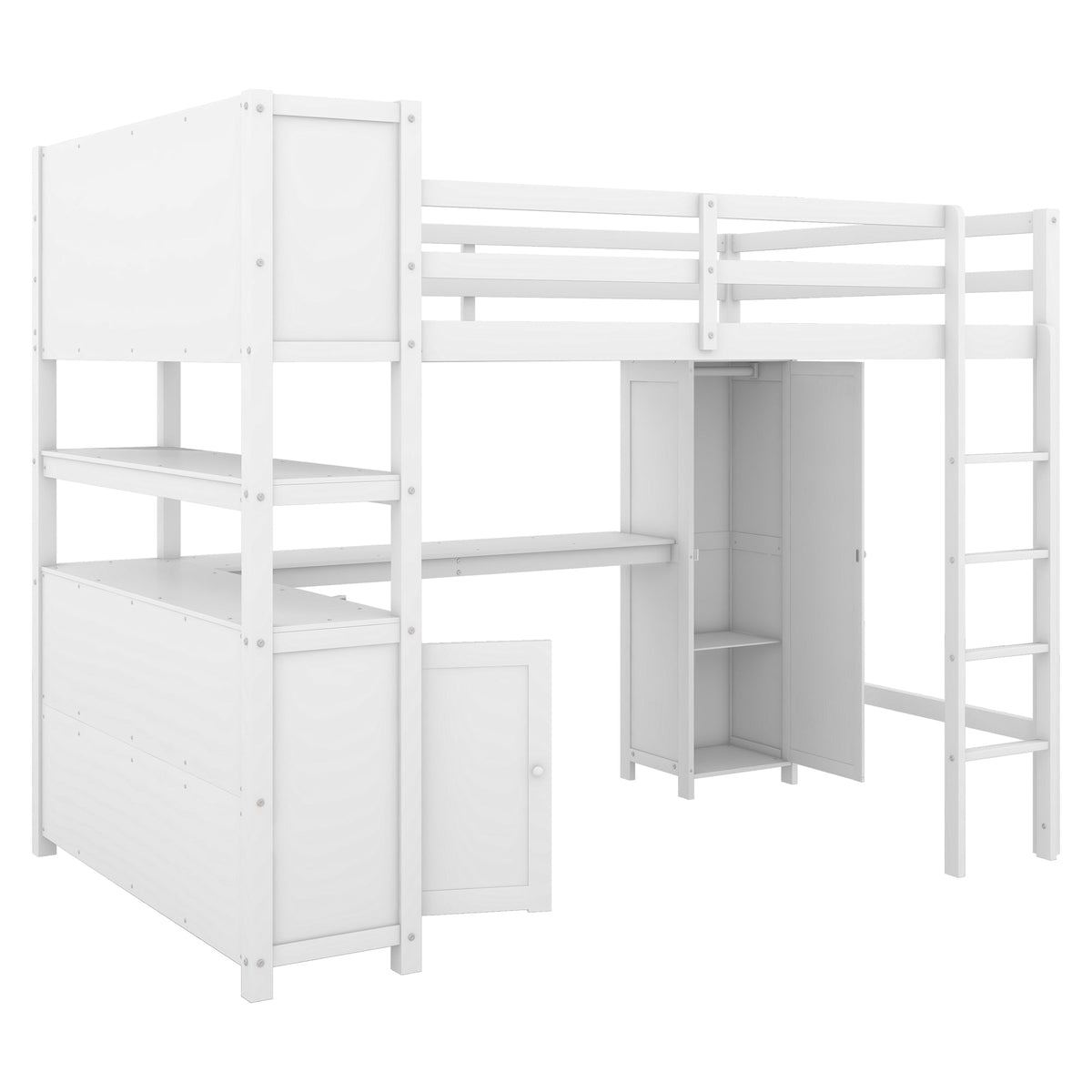 Full Size Kids Loft Bed with Desk, Wardrobe & Shelves
