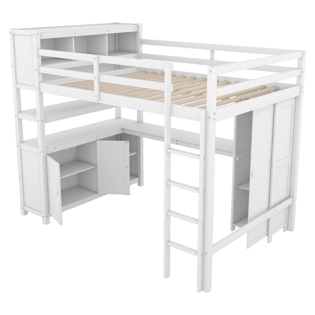 Full Size Kids Loft Bed with Desk, Wardrobe & Shelves
