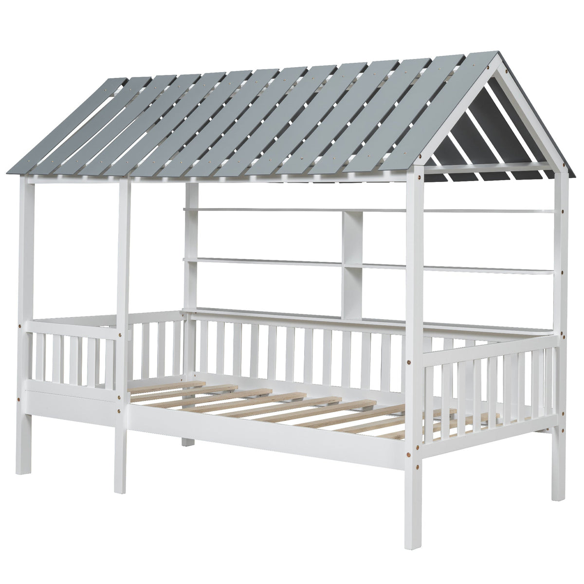 Twin House Bed Frame with Roof, Guardrail & Shelves
