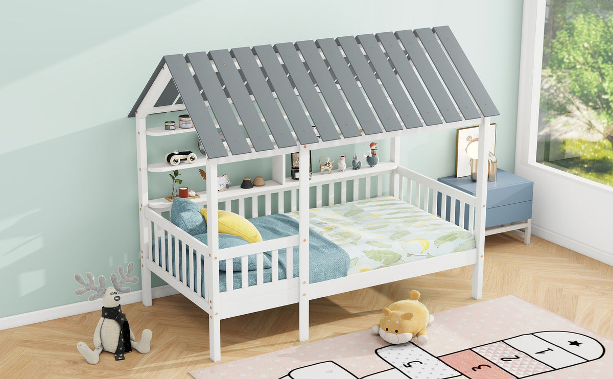 Twin House Bed Frame with Roof, Guardrail & Shelves