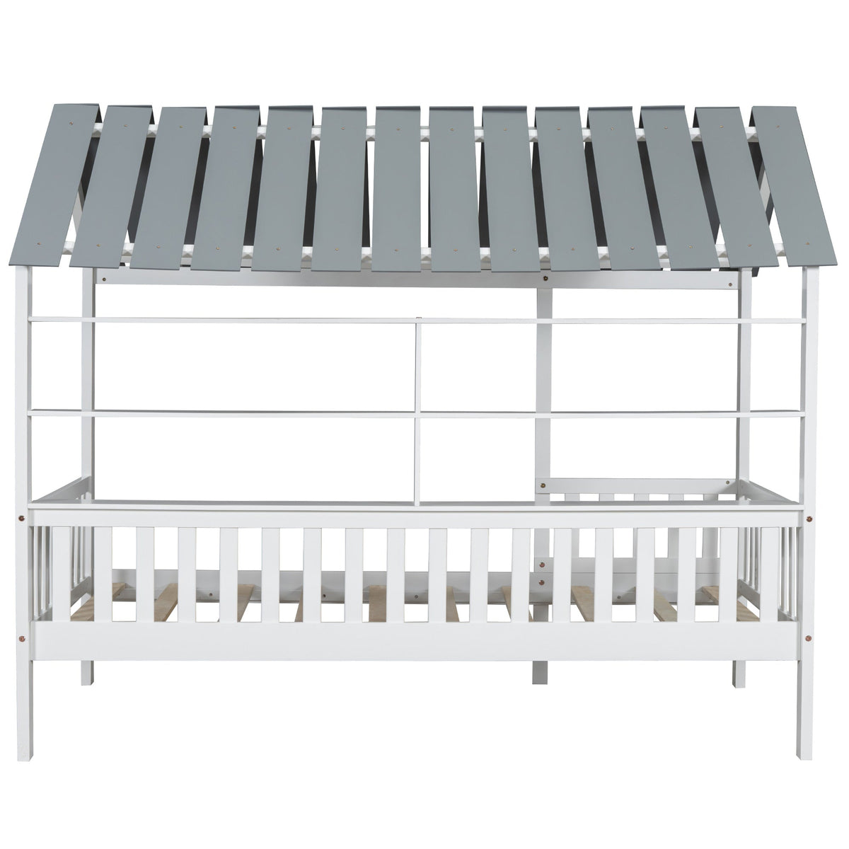 Twin House Bed Frame with Roof, Guardrail & Shelves