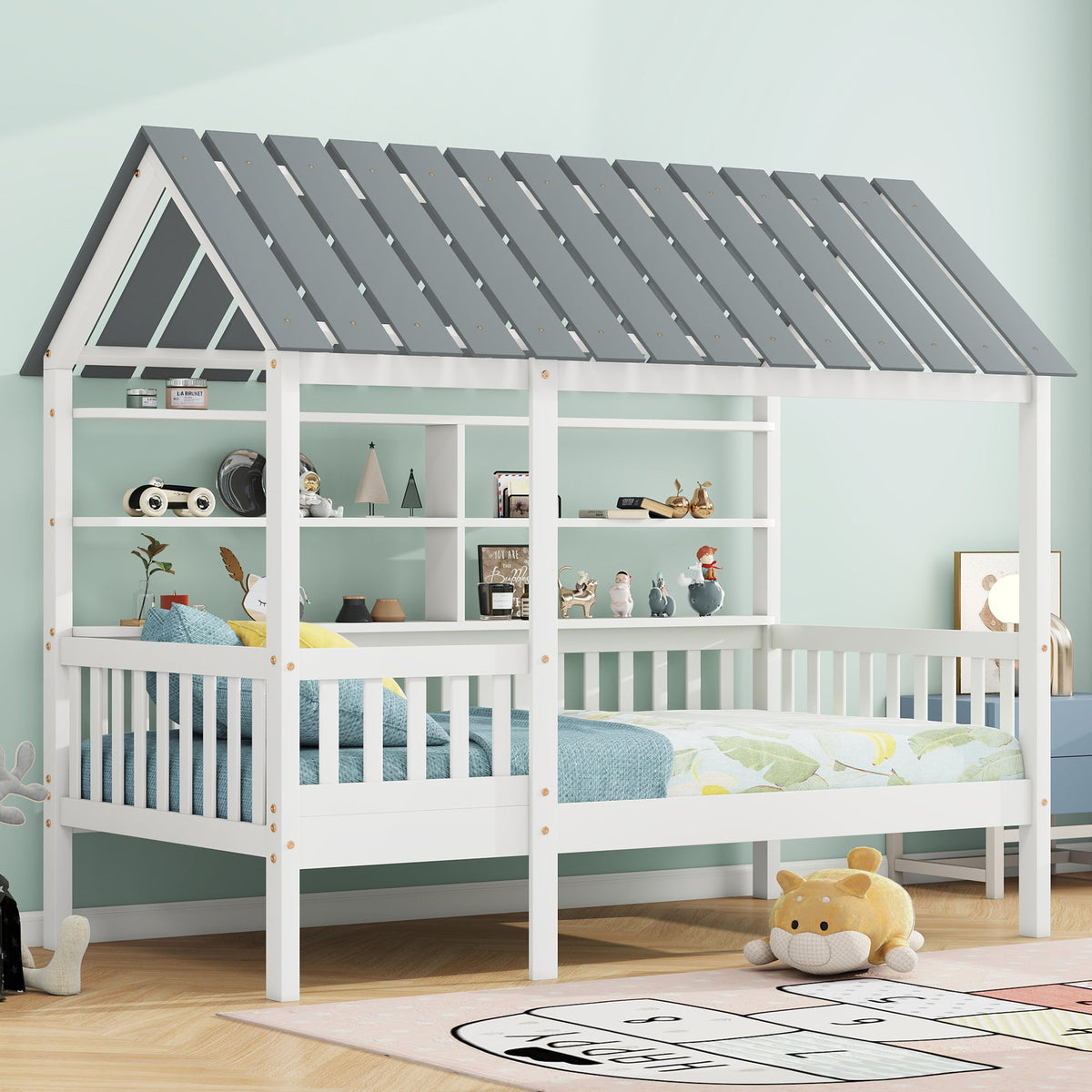 Twin House Bed Frame with Roof, Guardrail & Shelves