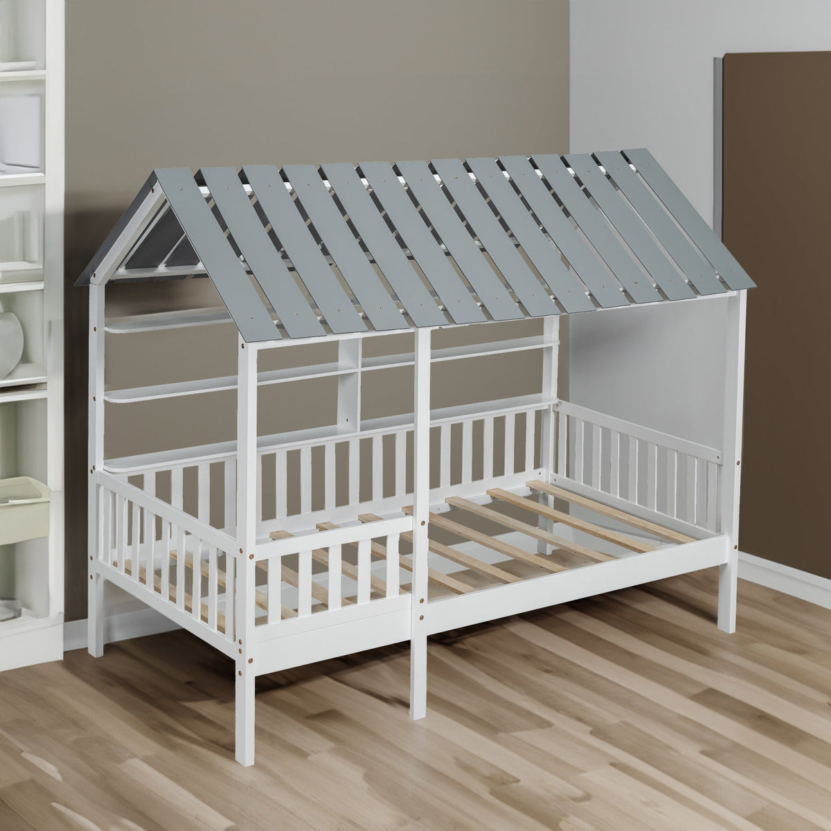 Twin House Bed Frame with Roof, Guardrail & Shelves