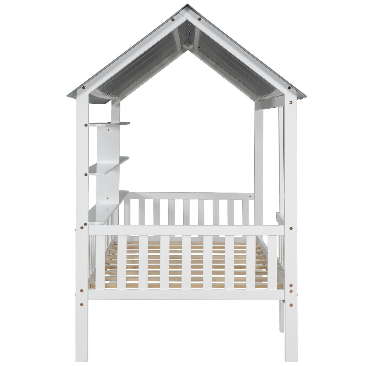 Twin House Bed Frame with Roof, Guardrail & Shelves