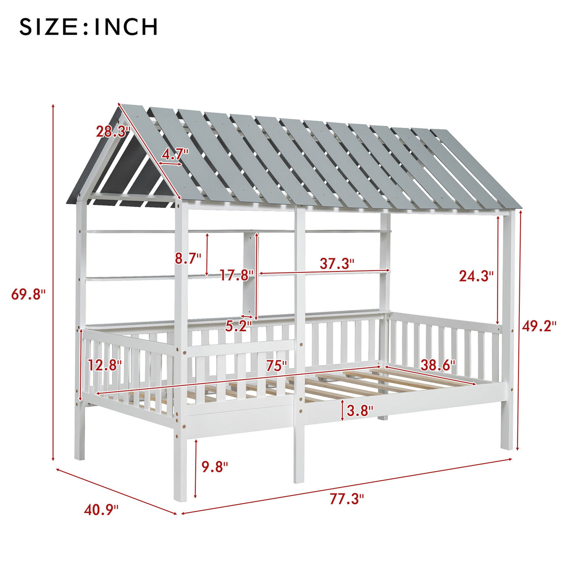Twin House Bed Frame with Roof, Guardrail & Shelves
