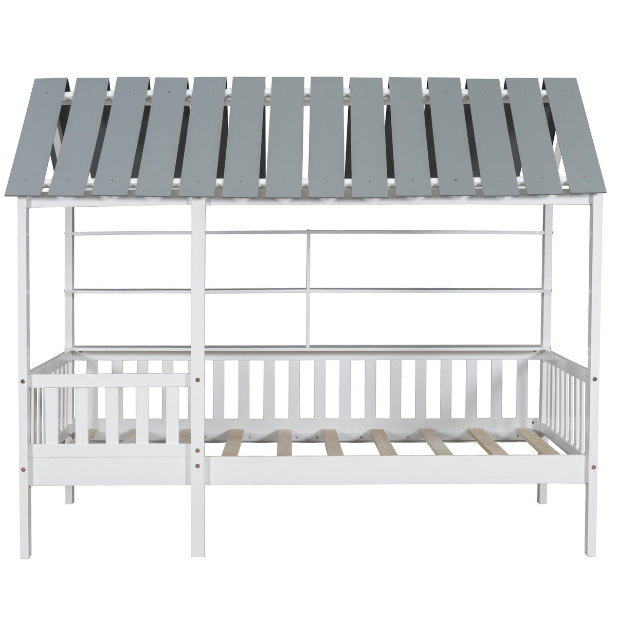 Twin House Bed Frame with Roof, Guardrail & Shelves