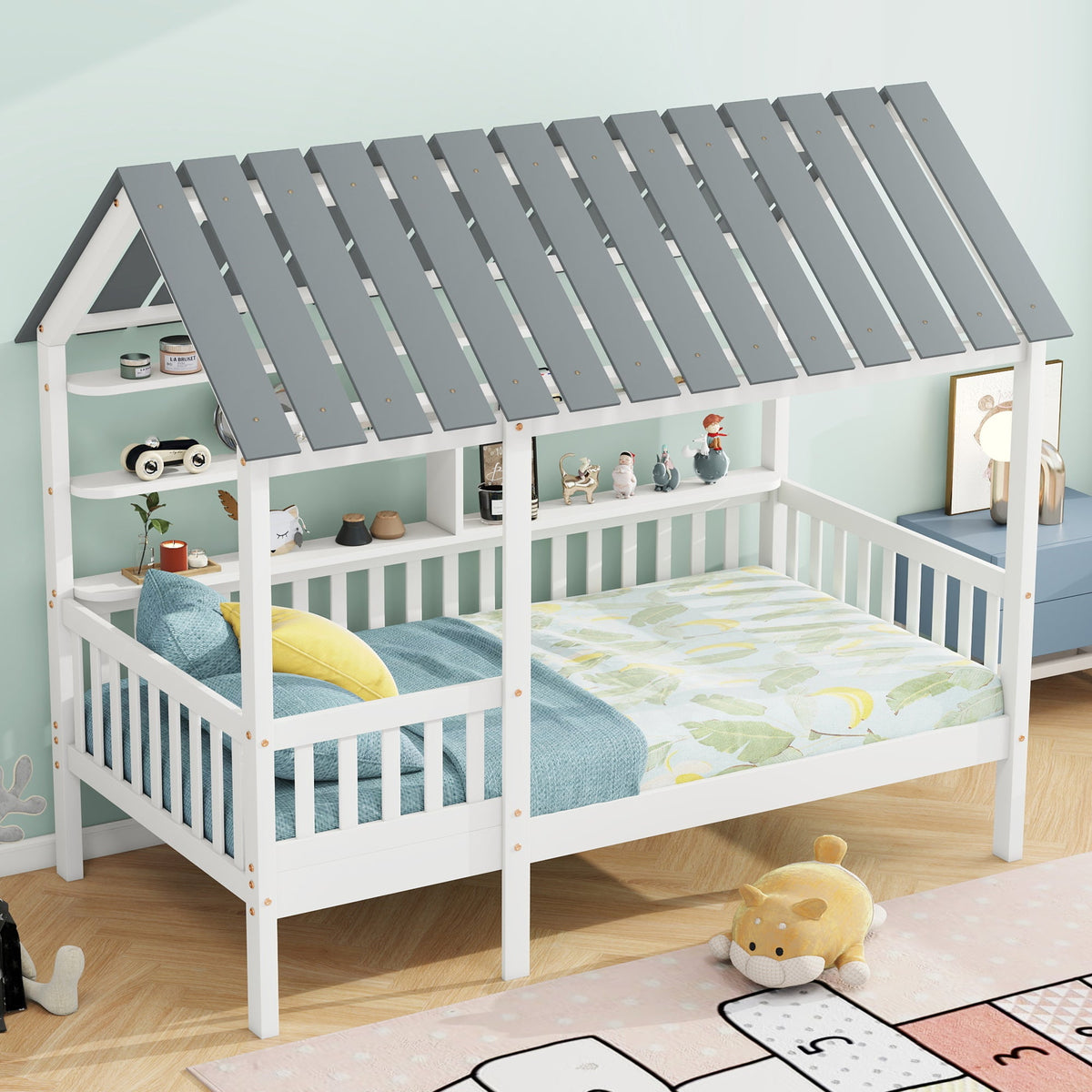 Twin House Bed Frame with Roof, Guardrail & Shelves