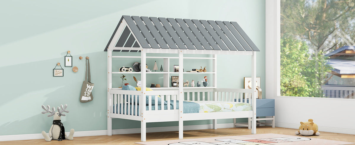 Twin House Bed Frame with Roof, Guardrail & Shelves