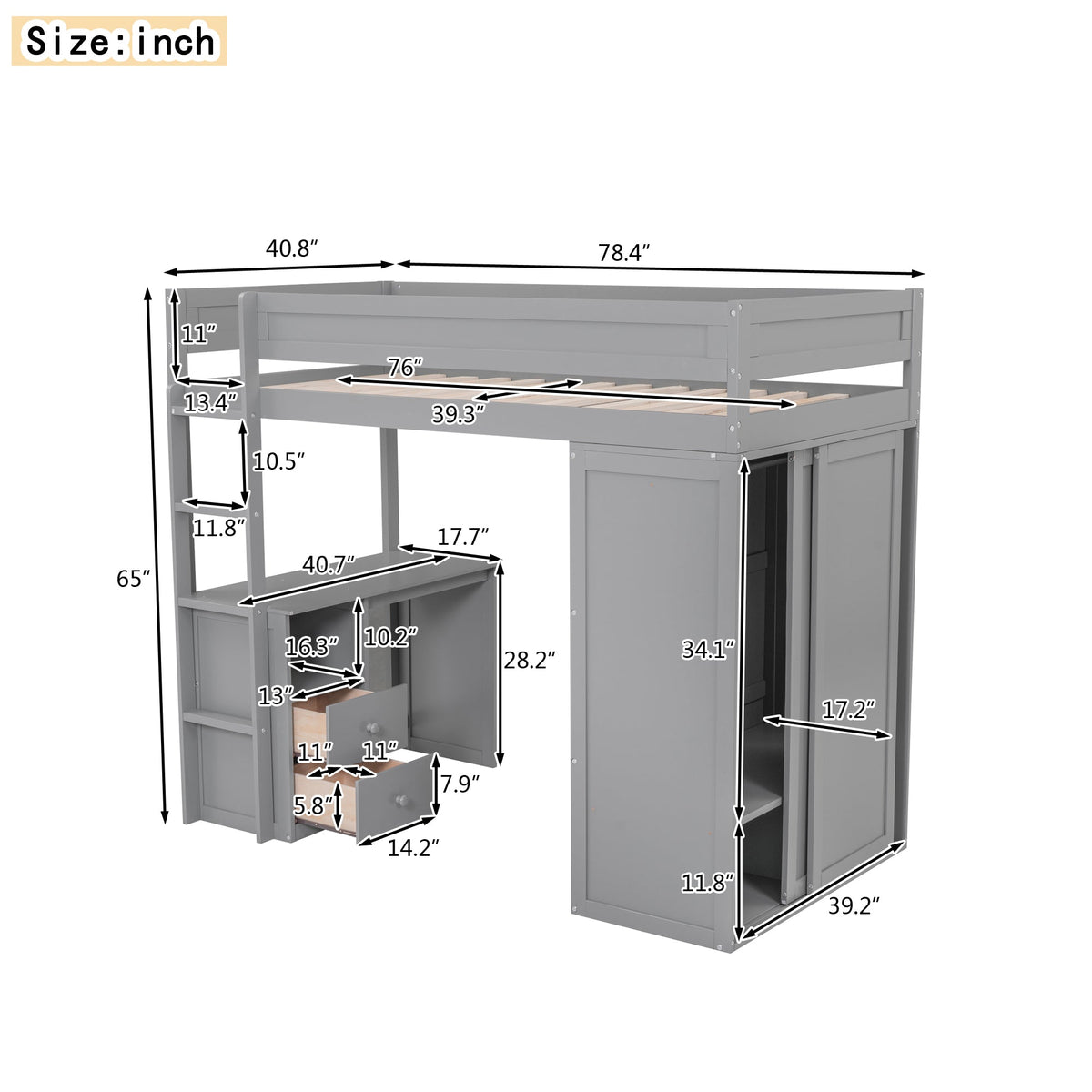 Twin Loft Bed with Desk and Wardrobe for Small Rooms