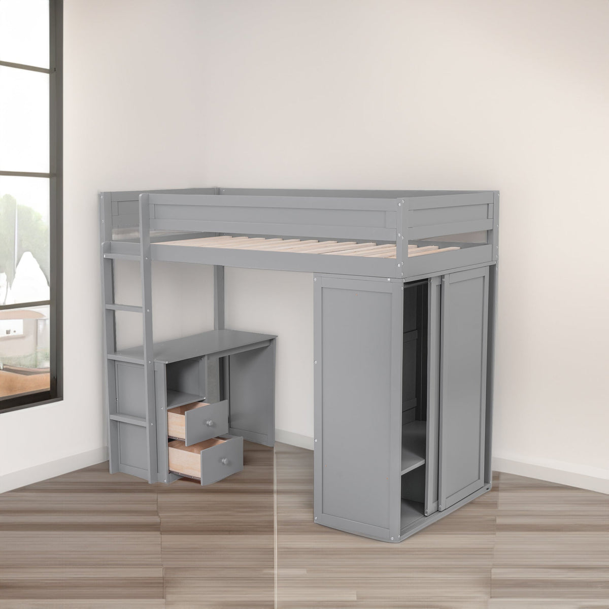 Twin Loft Bed with Desk and Wardrobe for Small Rooms