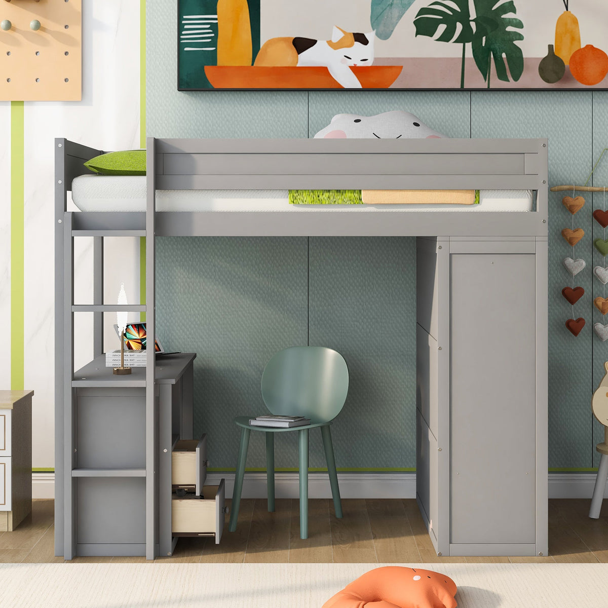Twin Loft Bed with Desk and Wardrobe for Small Rooms