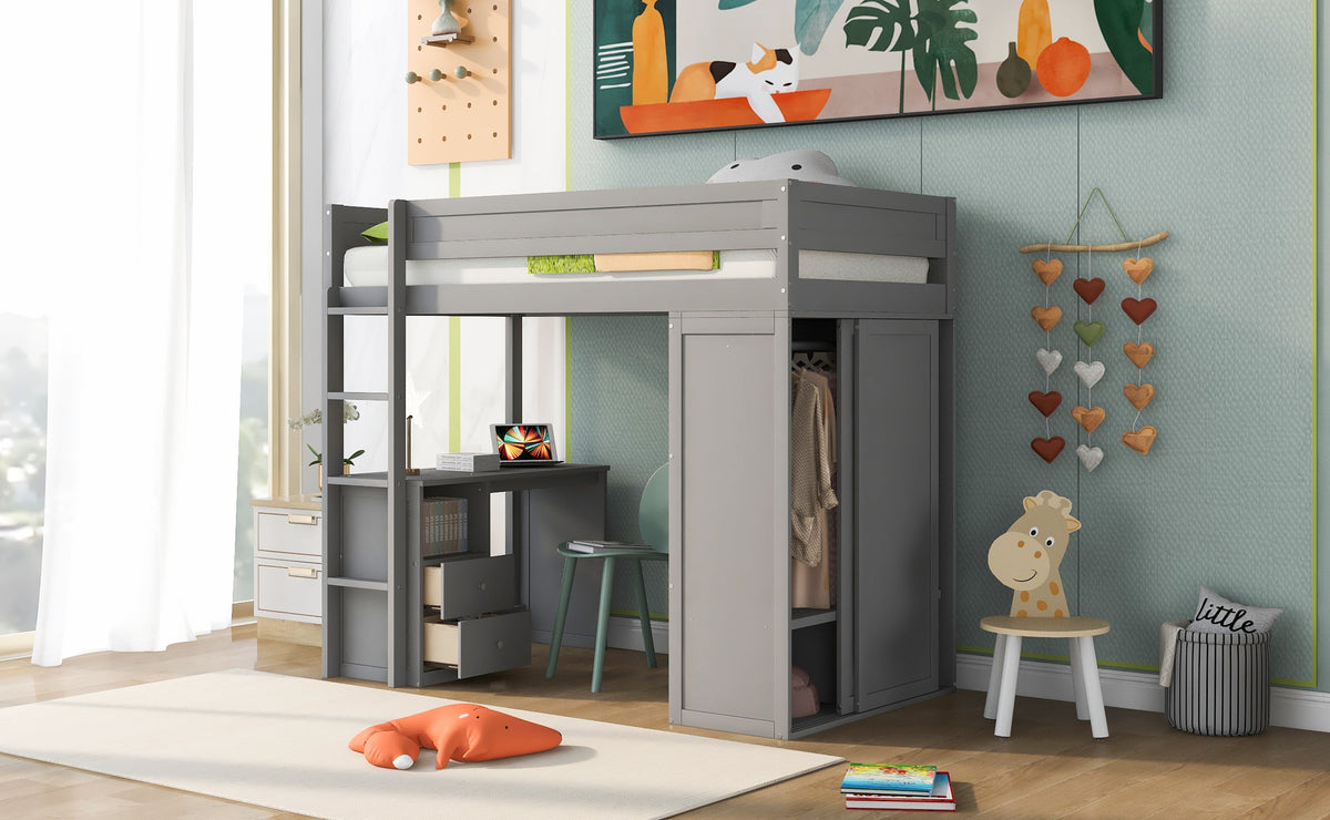 Twin Loft Bed with Desk and Wardrobe for Small Rooms