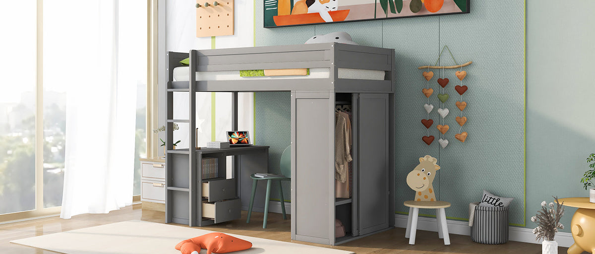 Twin Loft Bed with Desk and Wardrobe for Small Rooms