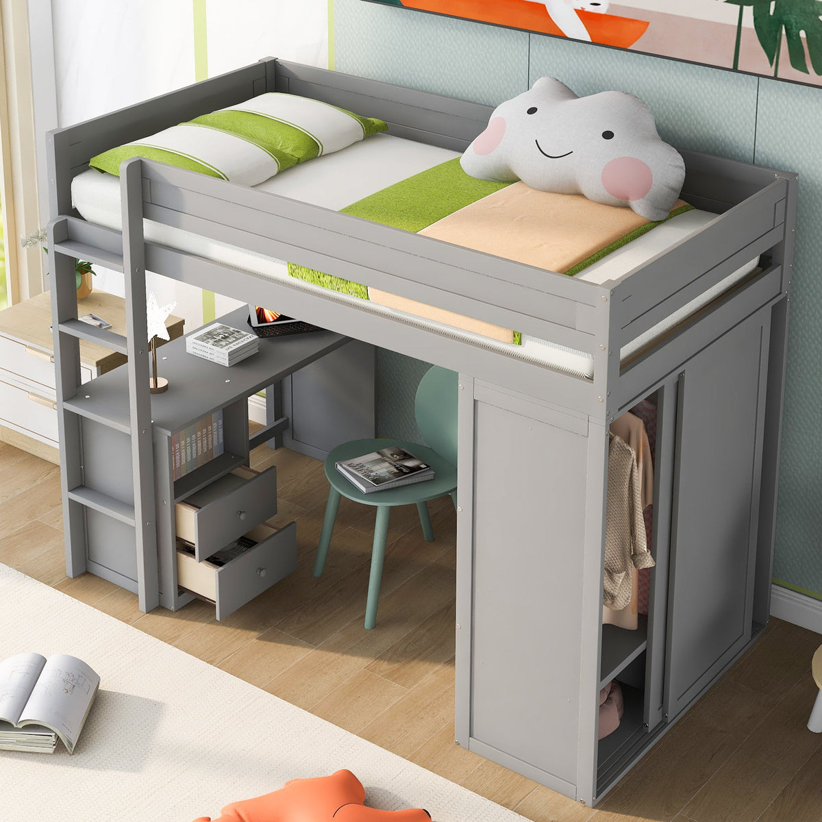 Twin Loft Bed with Desk and Wardrobe for Small Rooms