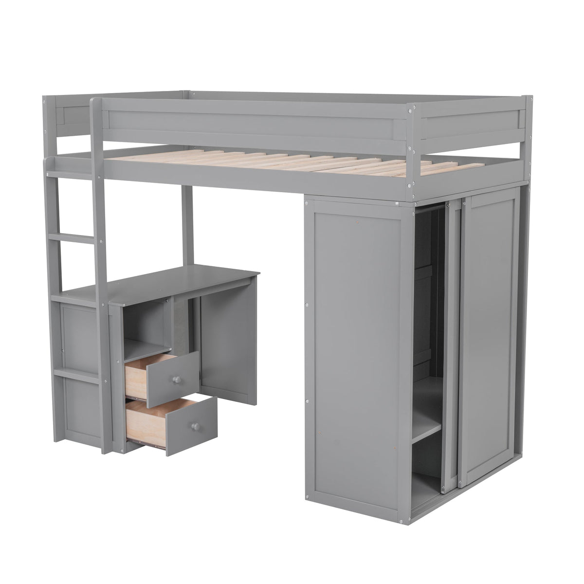 Twin Loft Bed with Desk and Wardrobe for Small Rooms