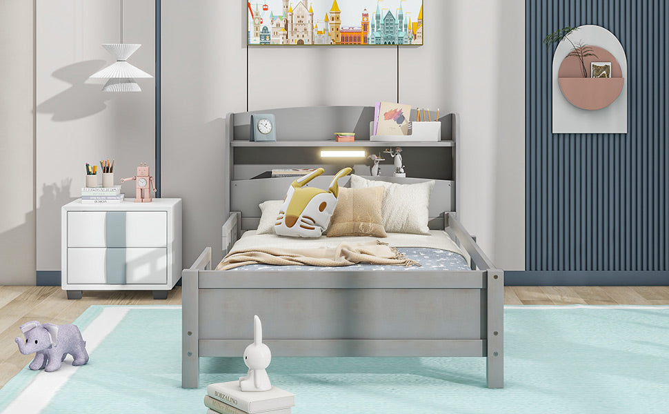 Twin Platform Bed for Kids with LED Headboard Shelf