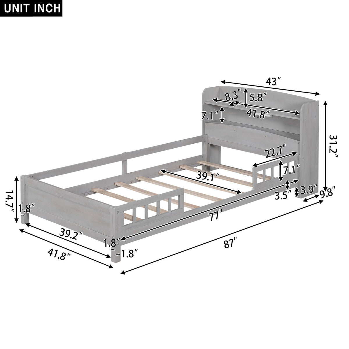 Twin Platform Bed for Kids with LED Headboard Shelf