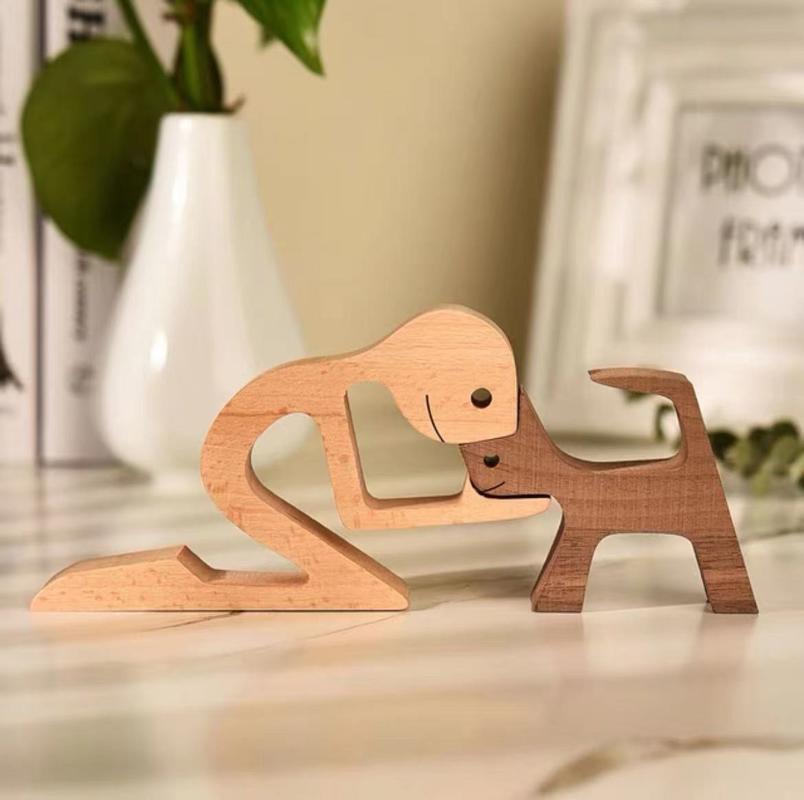 Wooden Dog And Person Ornament | Meaningful Decor