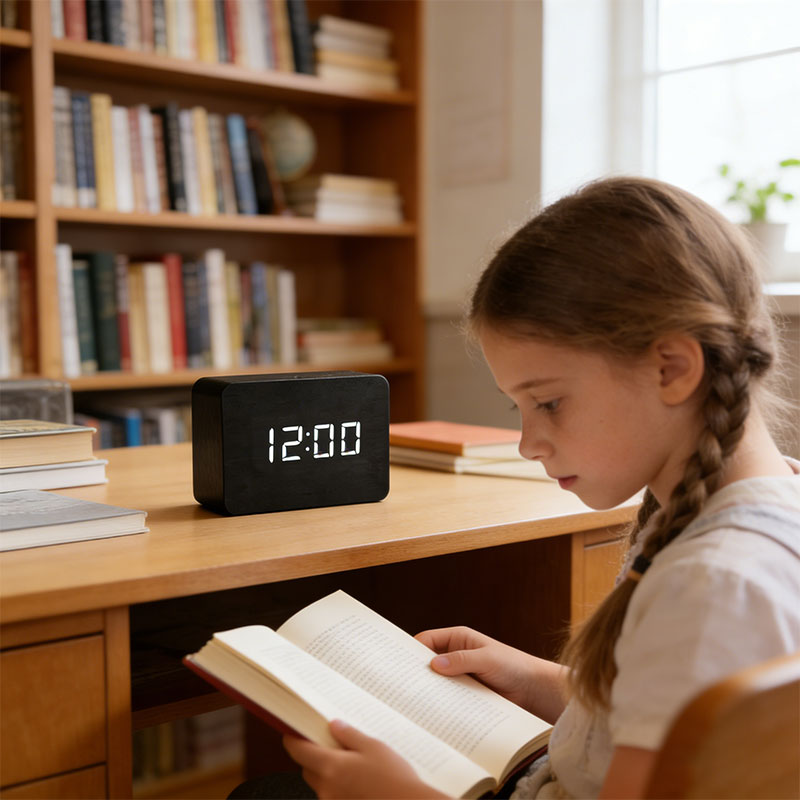 Wooden Digital Alarm Clock with Voice Control & LED Display