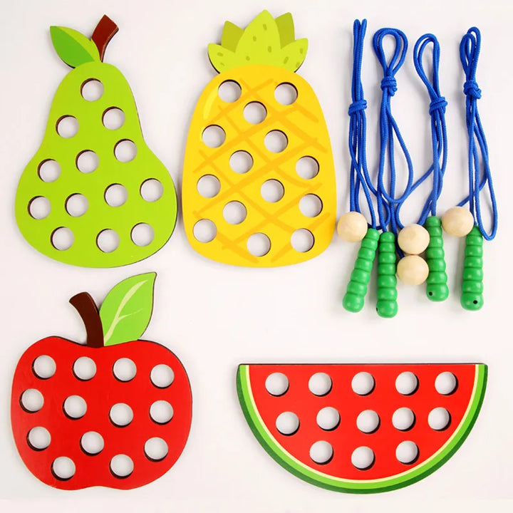 Wooden Fruit Lacing Board Set for Fine-Motor Play