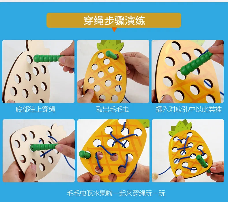 Wooden Fruit Lacing Board Set for Fine-Motor Play