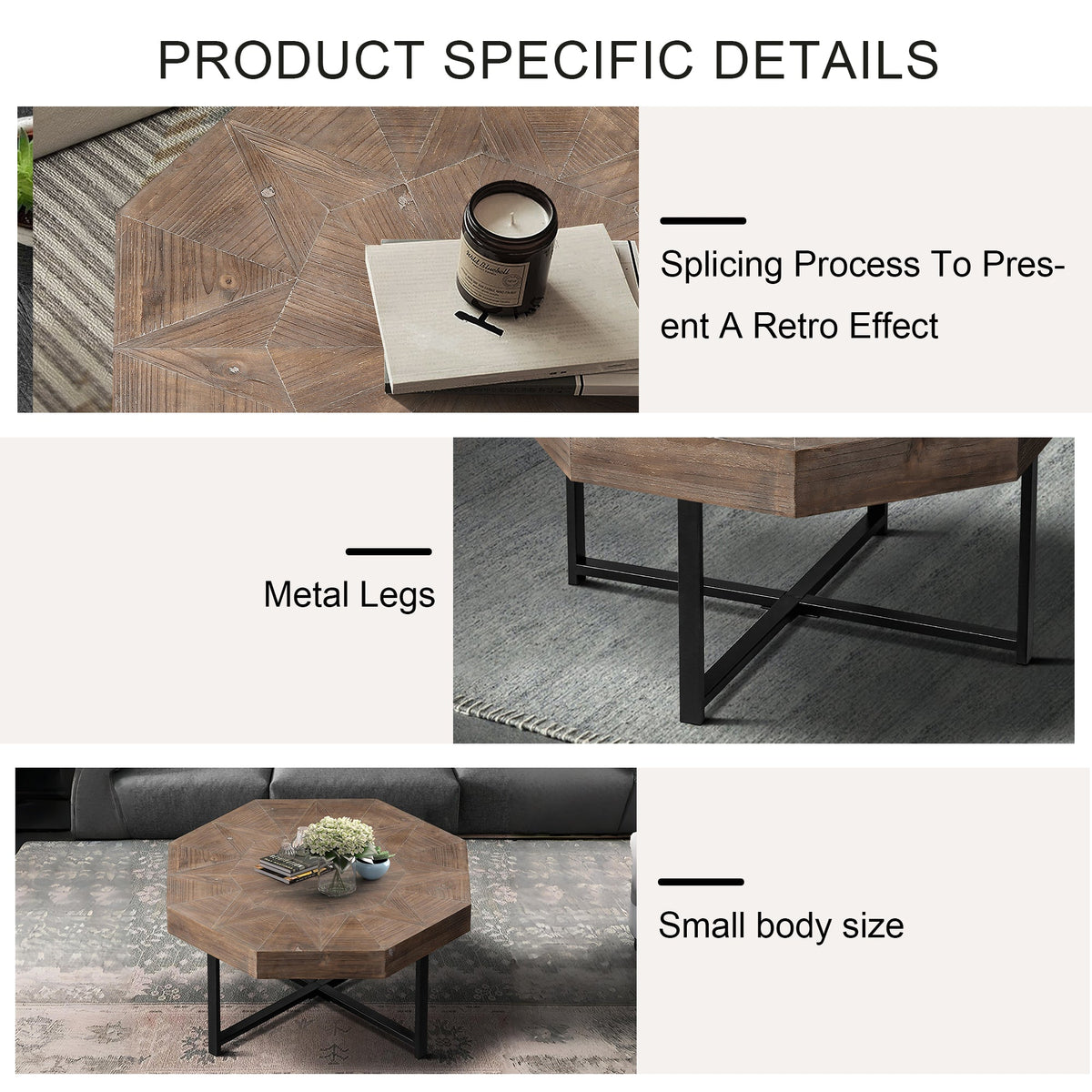 Octagonal Wood Coffee Table, Retro Patchwork, 30 Inch