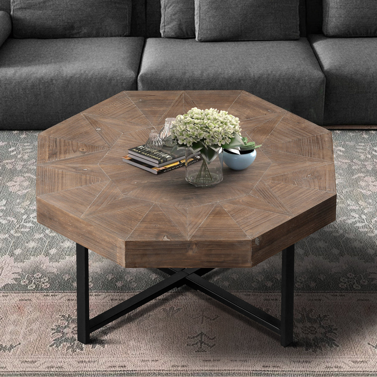 Octagonal Wood Coffee Table, Retro Patchwork, 30 Inch