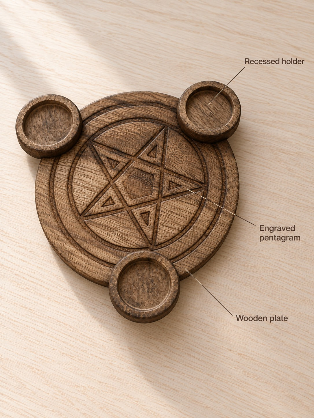 Wooden Pentagram Altar Plate with Tealight Holders