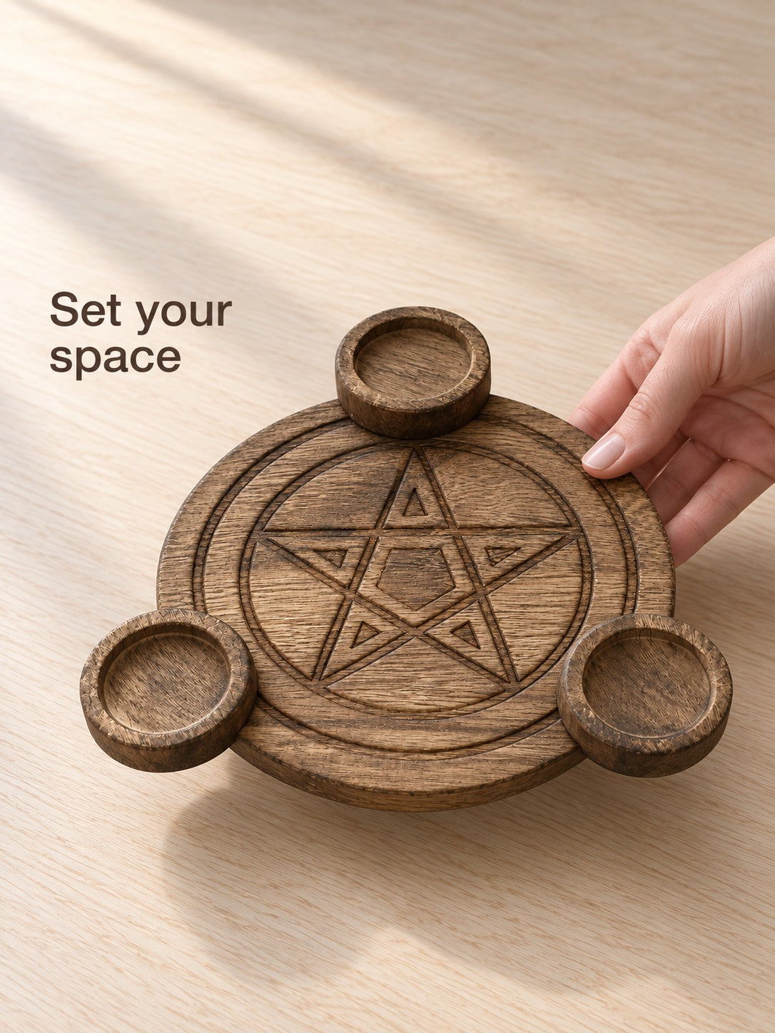 Wooden Pentagram Altar Plate with Tealight Holders