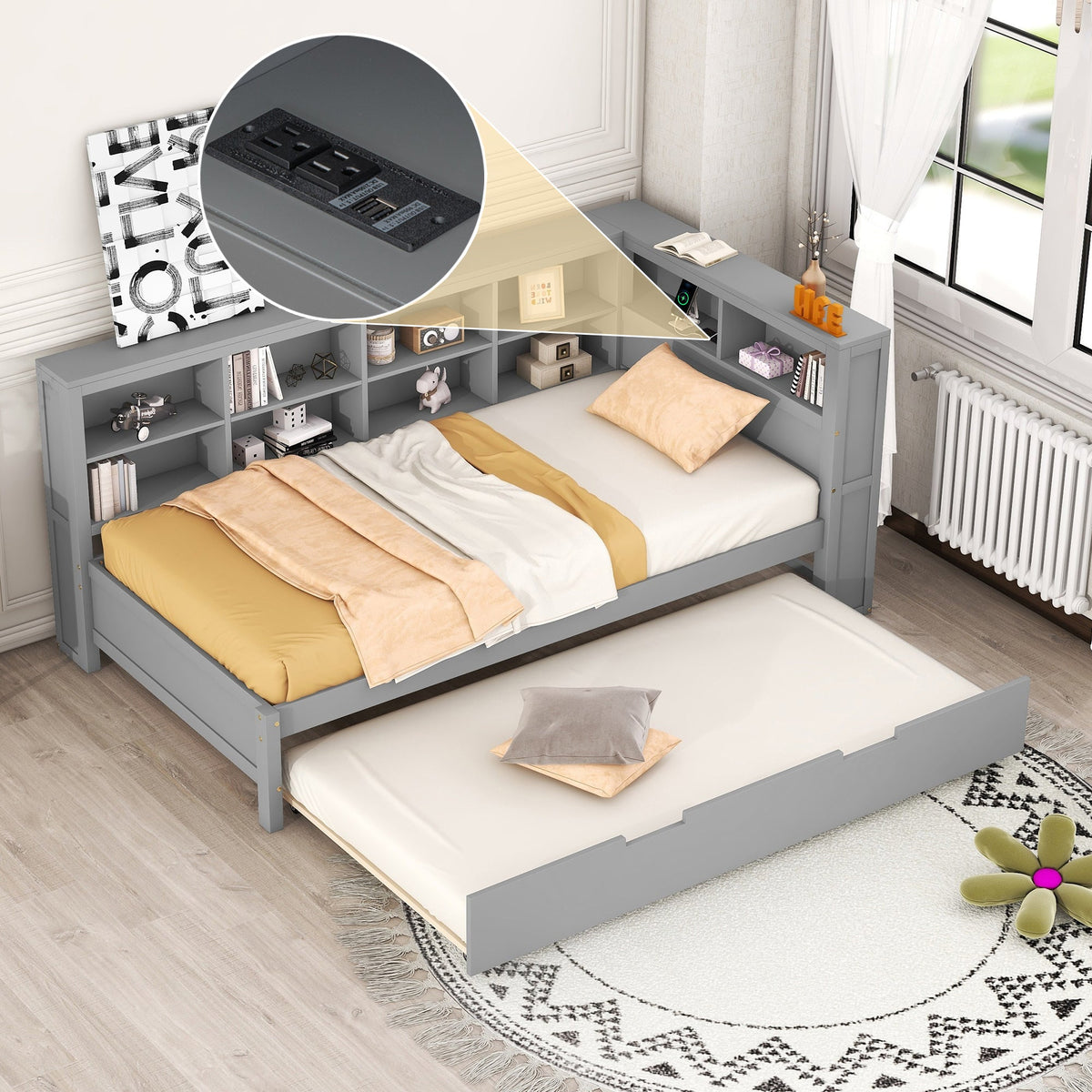 Grey Twin Daybed with Trundle and Bookshelf Headboard