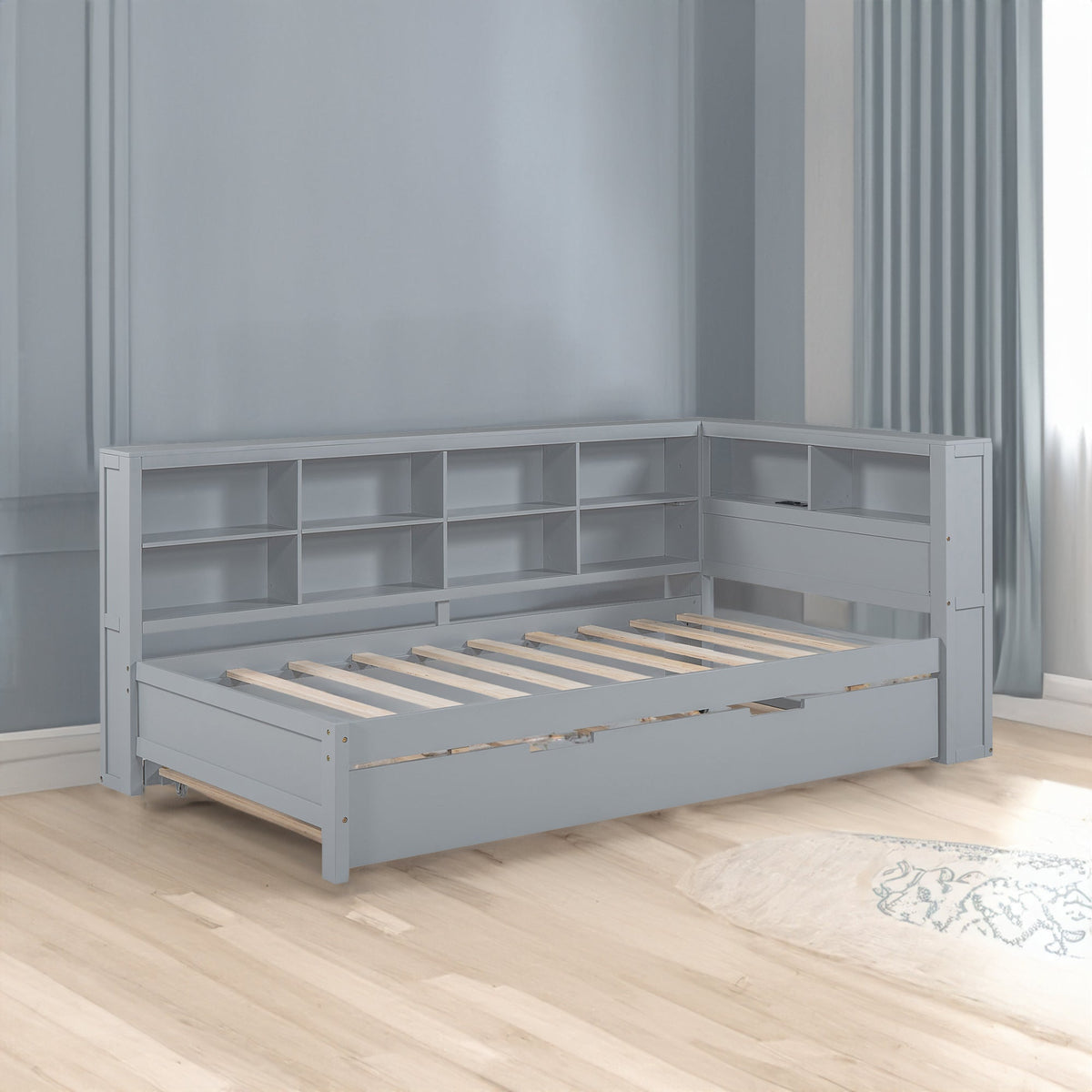 Grey Twin Daybed with Trundle and Bookshelf Headboard