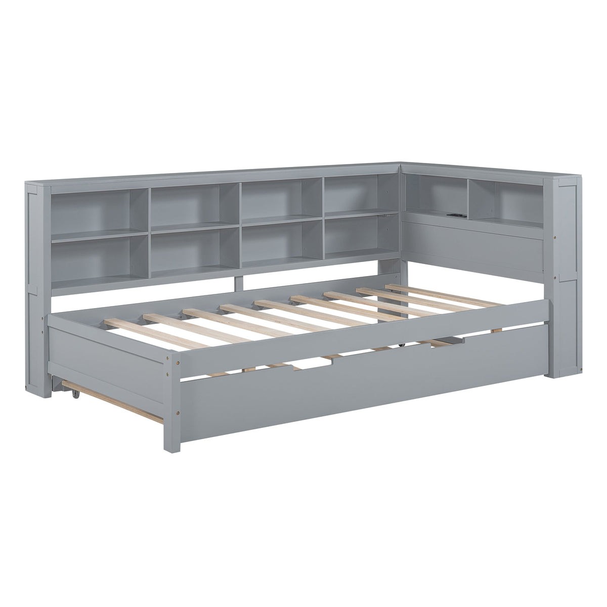 Grey Twin Daybed with Trundle and Bookshelf Headboard