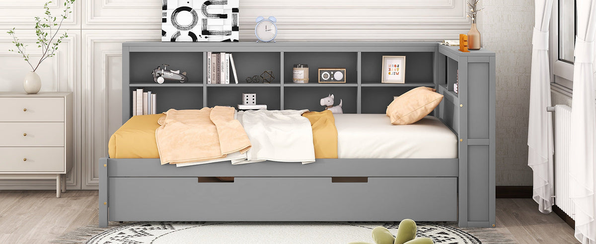 Grey Twin Daybed with Trundle and Bookshelf Headboard
