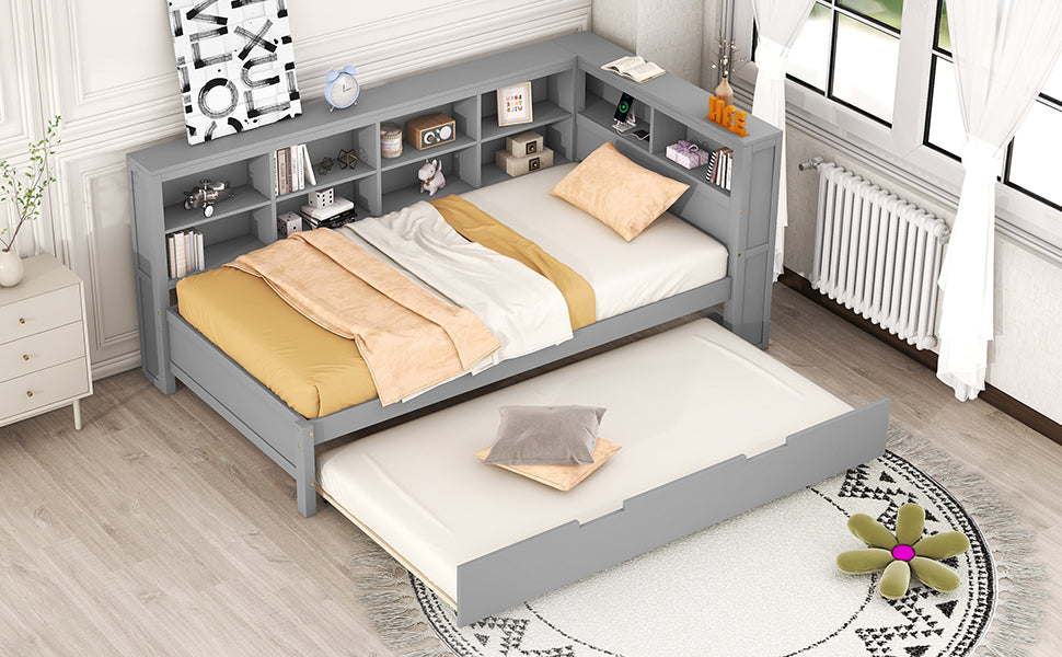 Grey Twin Daybed with Trundle and Bookshelf Headboard