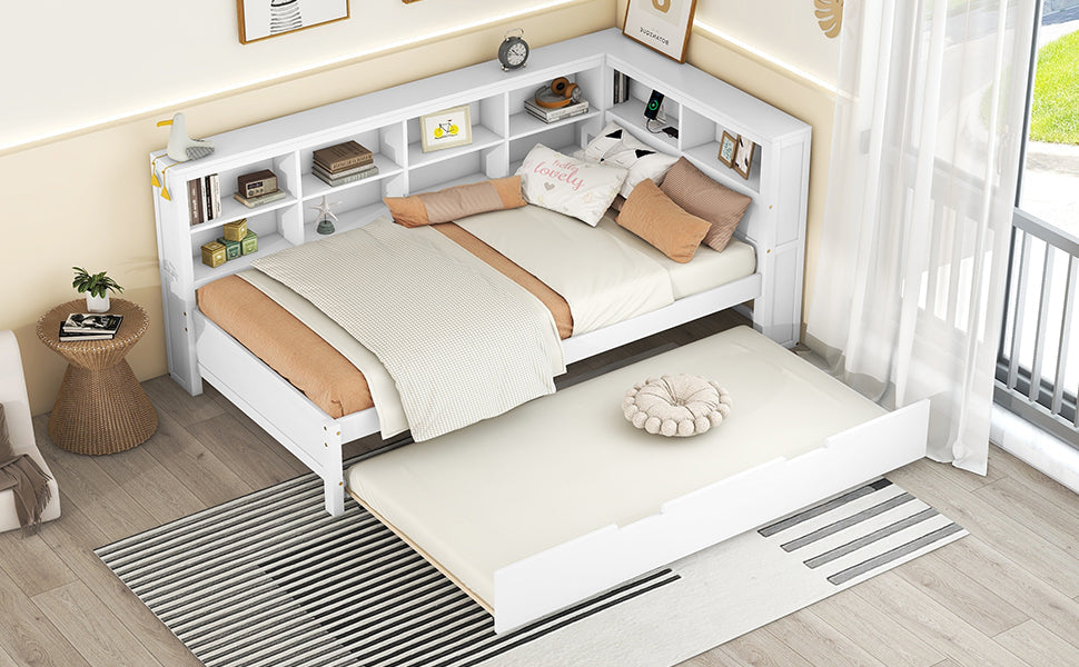 White Wood Twin Daybed with Trundle and USB Charging