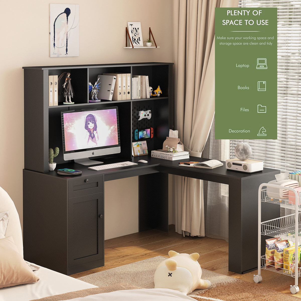 L-Shaped Corner Desk with Hutch and Built-In Charging