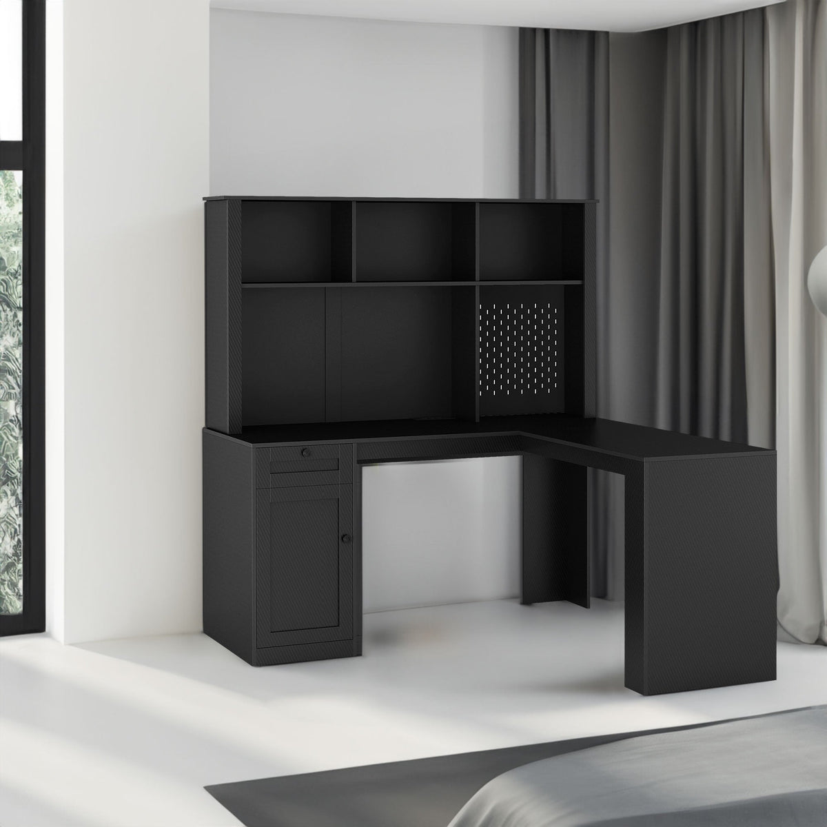 L-Shaped Corner Desk with Hutch and Built-In Charging