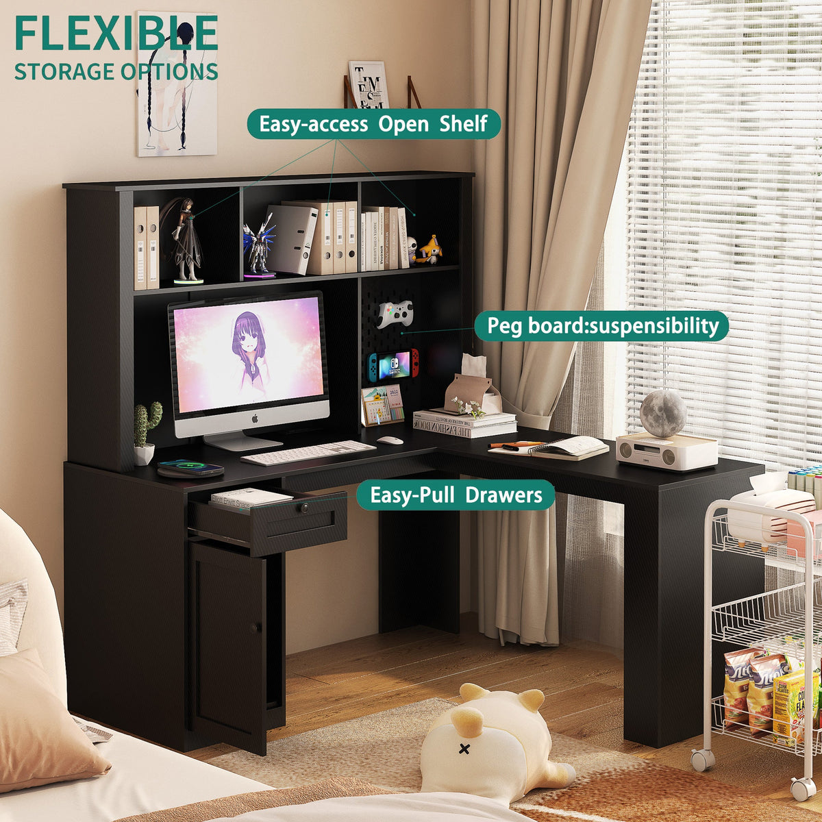 L-Shaped Corner Desk with Hutch and Built-In Charging