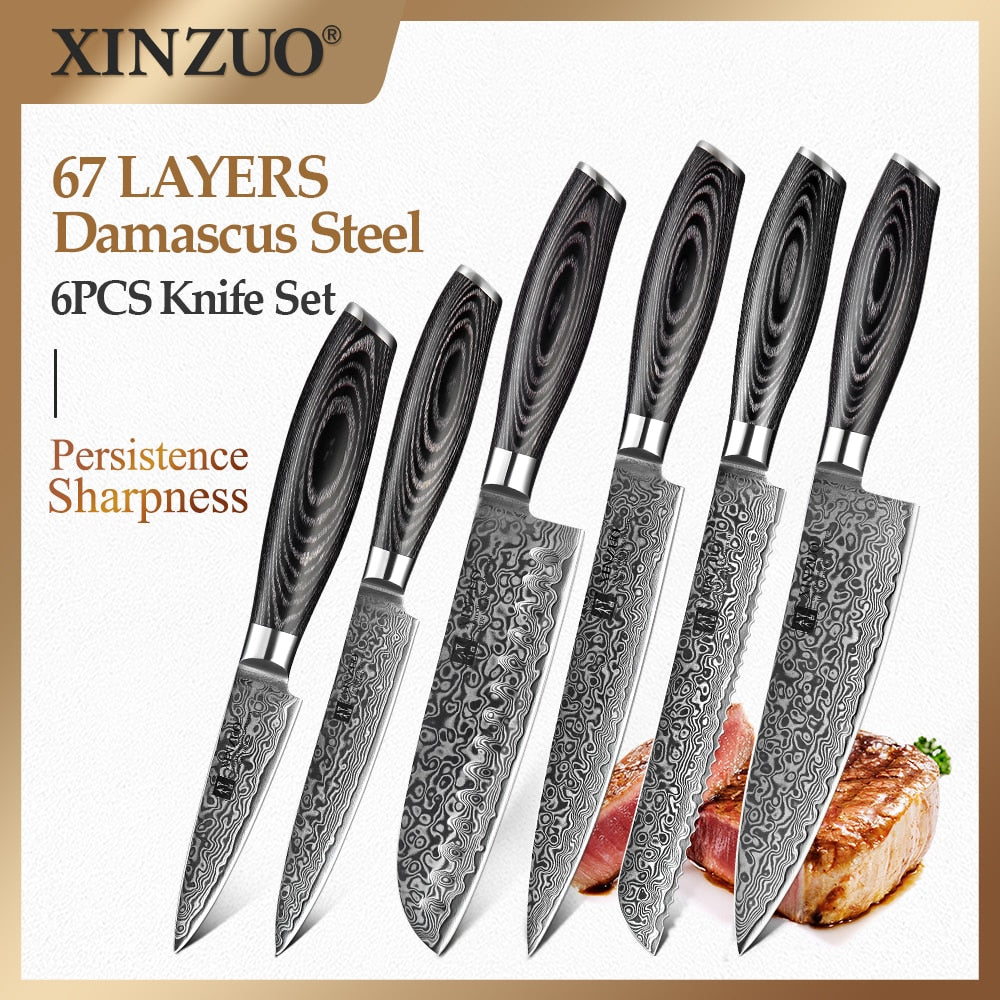Damascus Kitchen Knife Set: 6-Piece Razor-Sharp Edge