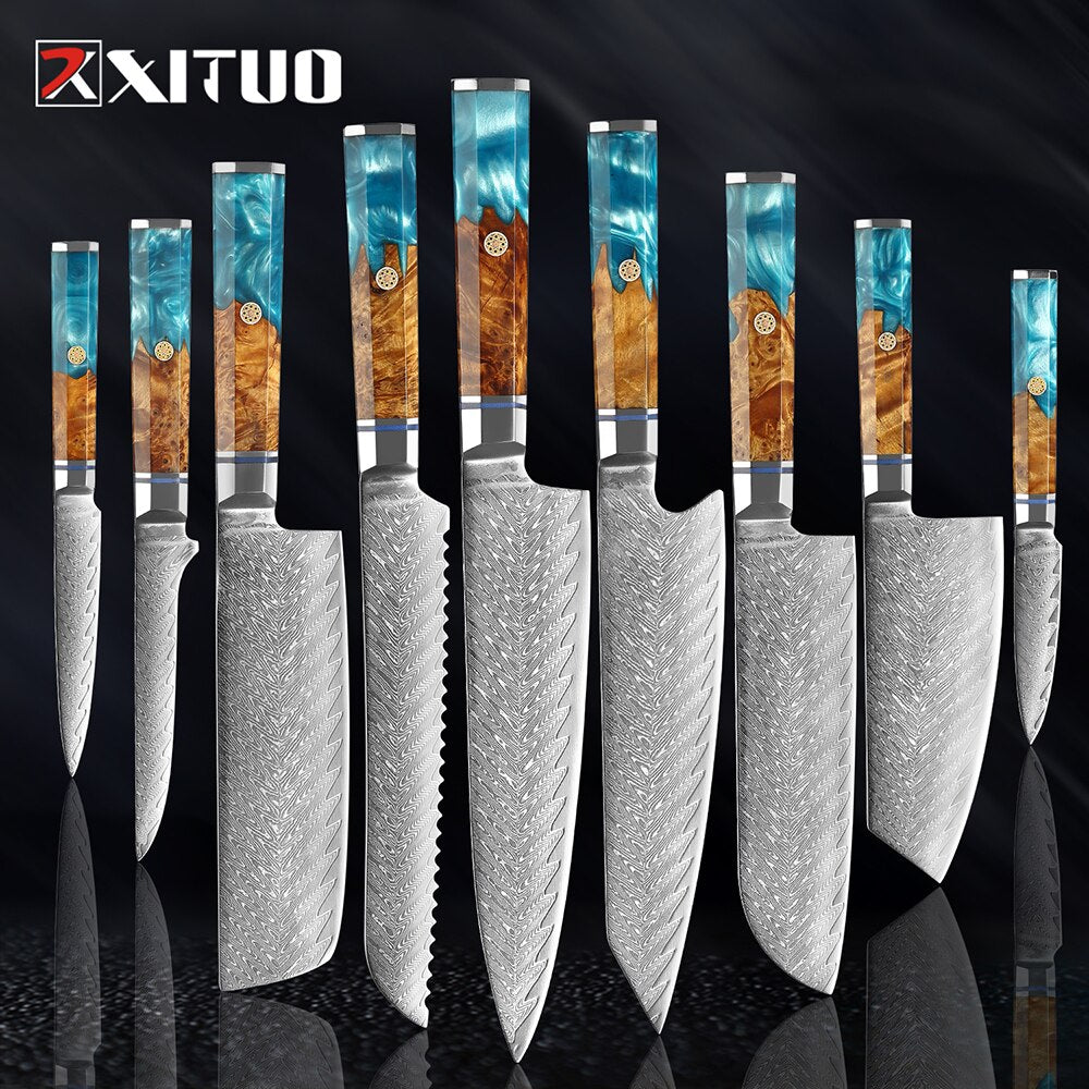 Damascus Chef Knife Set 9 Pieces for Every Kitchen Task