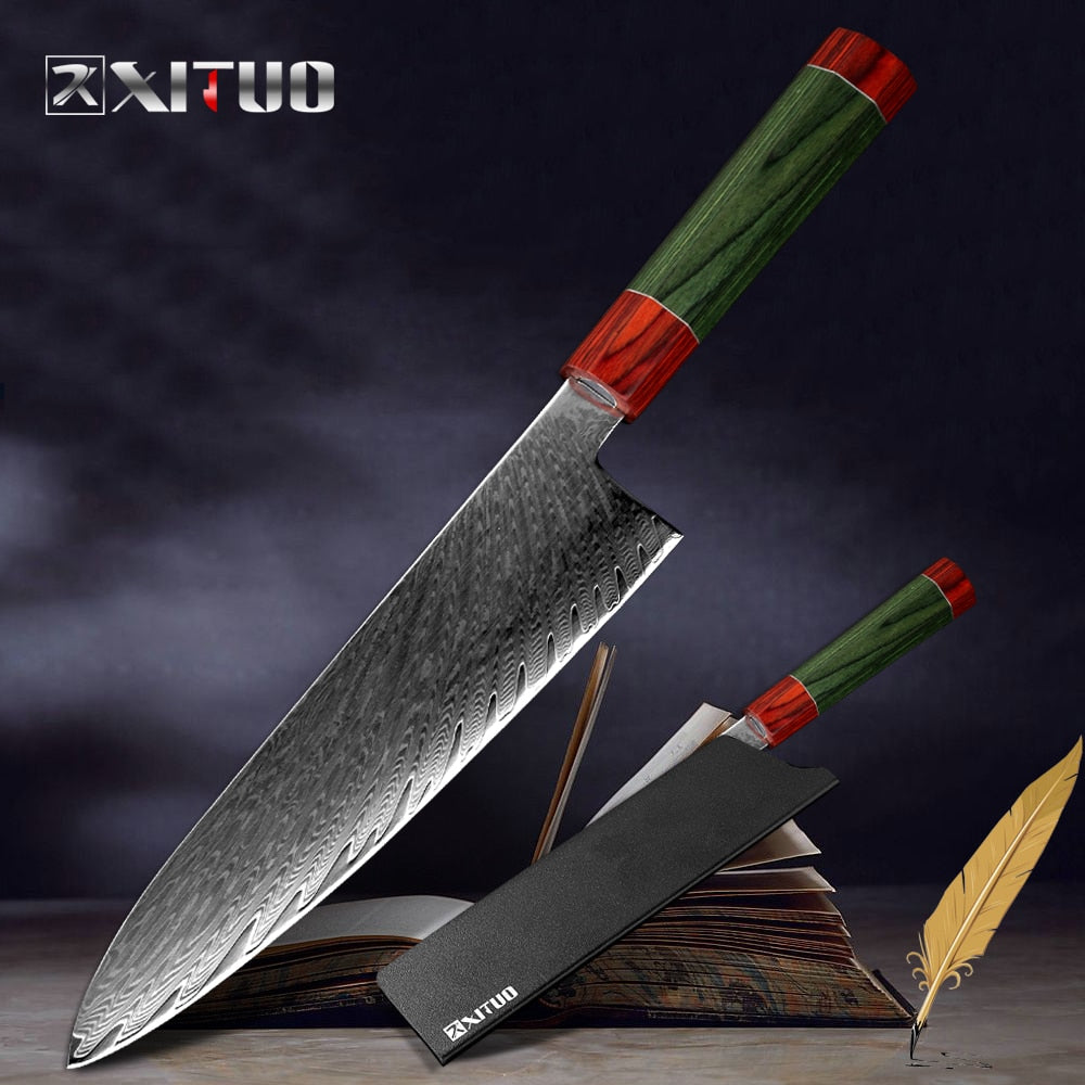 Damascus Chef Knife with VG10 Steel and Pakka Handle