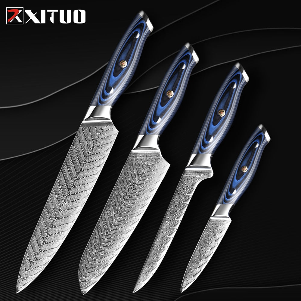 Damascus Chef Knife Set, 4-Piece Sharp V-Edge Kitchen