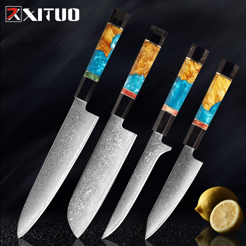 Damascus Chef Knife Set 6-Piece with Resin Handles