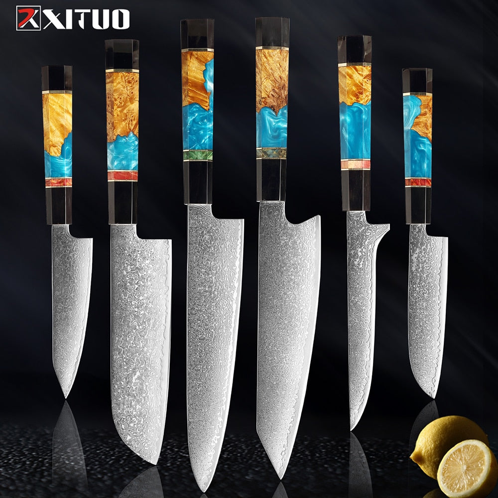 6-Piece Damascus Steel Kitchen Knife Set, Sharp V-Edge