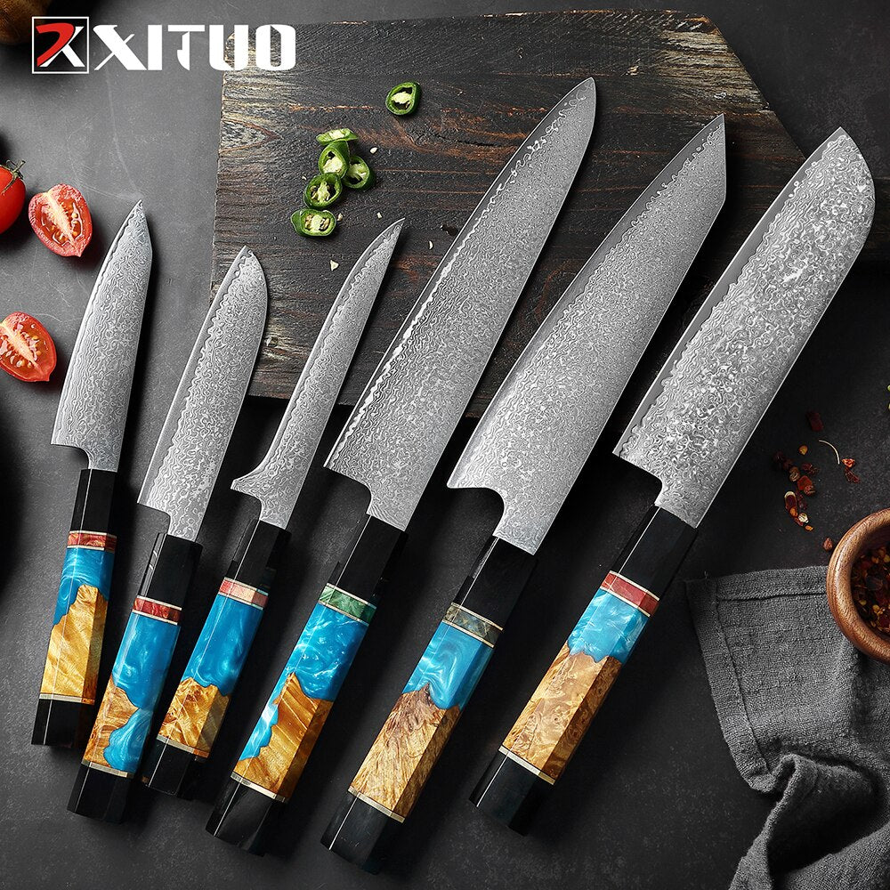 6-Piece Damascus Steel Kitchen Knife Set, Sharp V-Edge